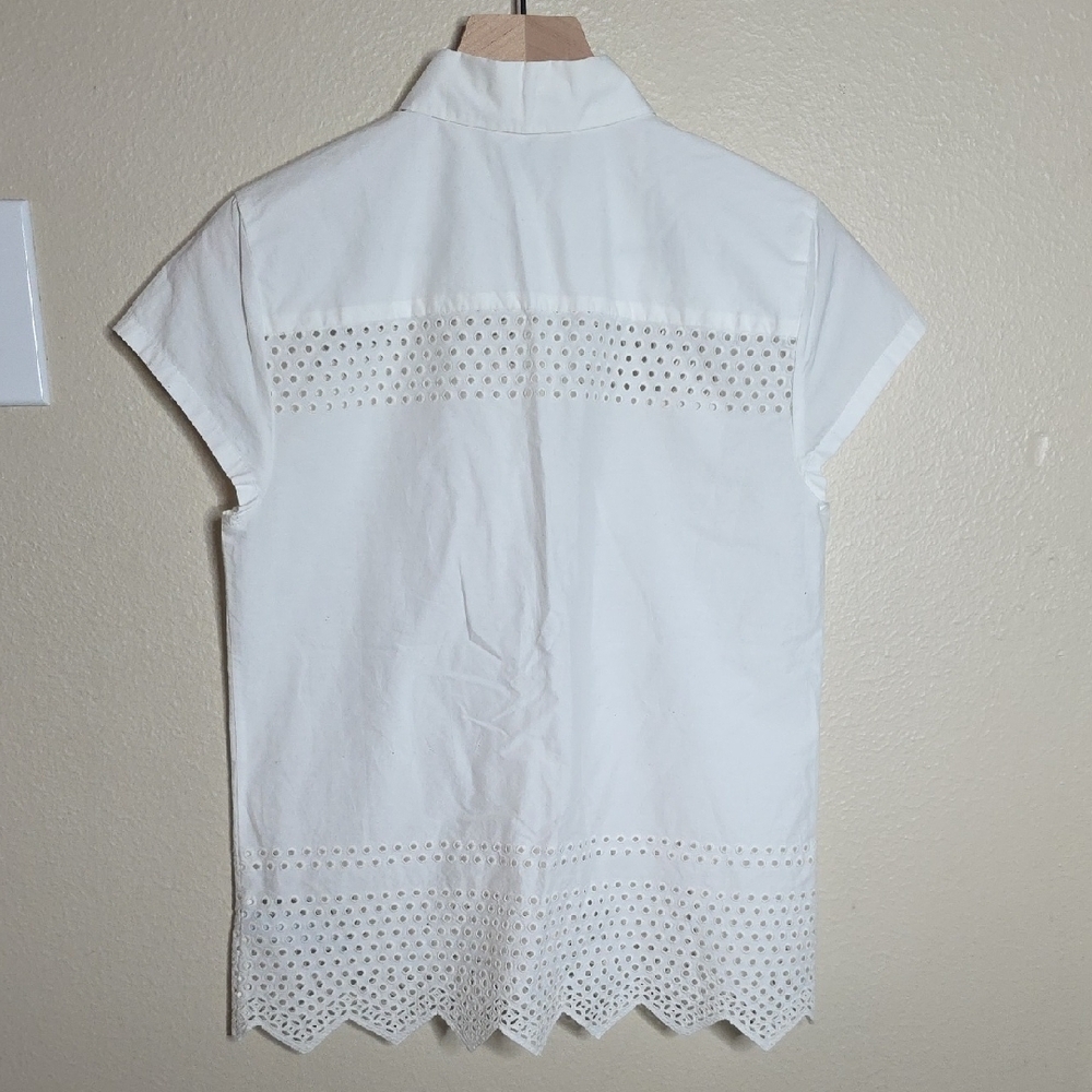 Madewell White Cotton Eyelet Embroidery Camp Shirt Shrunken Fit Scallop Hem XS - Picture 6 of 11
